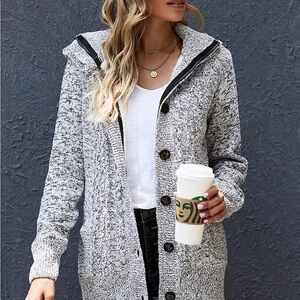 Cable-Knit Fleece Lining Button-Up Hooded Cardigan